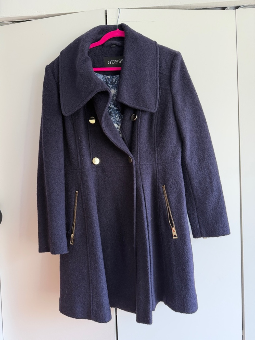 GUESS Women's Dark Navy Double-Breasted Pea Coat with Gold Hardware
